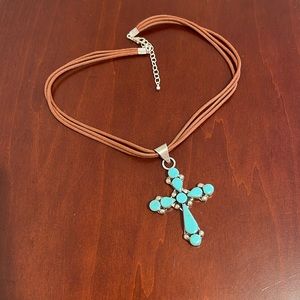 Mexico Sterling Silver & Turquoise (real or faux?) Cross -Cord w/Sterling Clasp